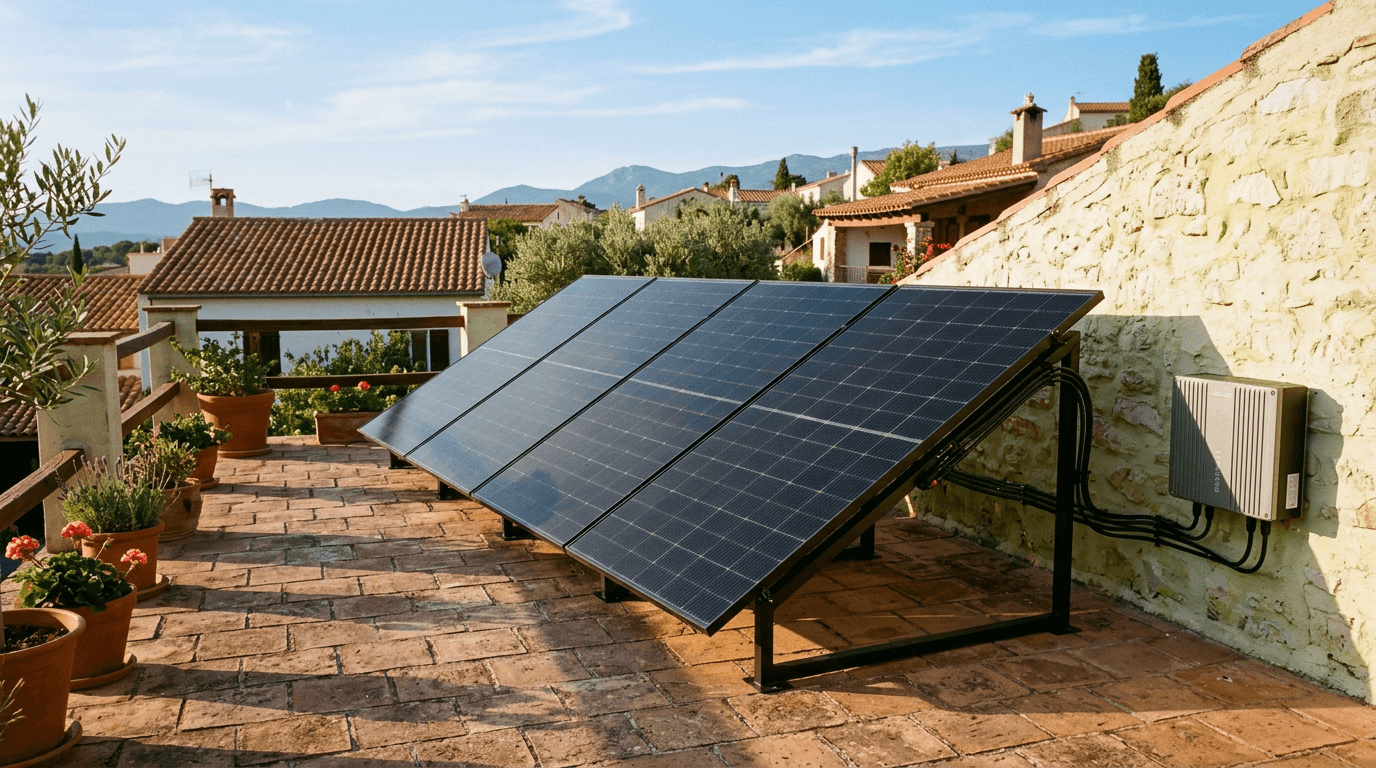 Kit solaire de balcon avec stockage : quatre panneaux photovoltaïques inclinés plein sud sur une terrasse méditerranéenne, boîtier de gestion fixé au mur